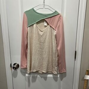 BiB! Color Block Cut Out V Neck Long‎ Sleeve Top Oatmeal Pink Mint M